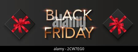Black friday sale poster background. Premium offer with discounts advert. Gold font, black boxes with red bows. Special offer vector illustration Stock Vector