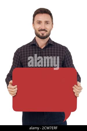 Man with speech bubble looking at camera, white background Stock Photo