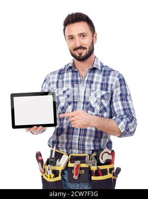 Carpenter showing tablet Stock Photo