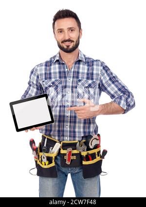 Carpenter showing tablet Stock Photo