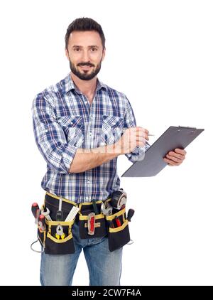 Handyman taking notice Stock Photo