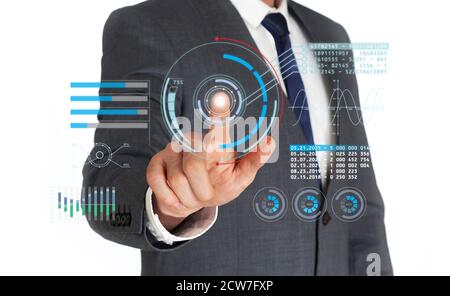 Businessman using a digital virtual touch screen Stock Photo