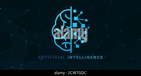 Artificial Intelligence Concept. AI linear symbol of human and robotic brain halves Stock Photo