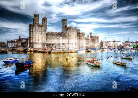 Caernarfon Castle, Caernarfon Castle panorama, Caernarfon, Castle, castles, North Wales,  Caernarfon Castle Wales, Wales, Caernarfon marina, marina, Stock Photo