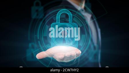 Businessman holding hologram of padlock protect icon in open palm Stock Photo