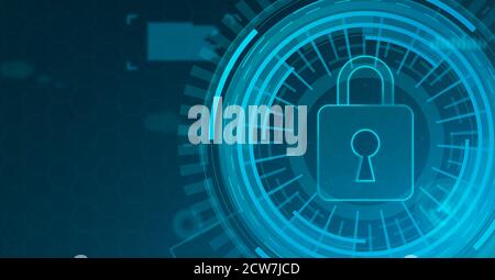 Safety concept, closed padlock on blue digital background Stock Photo