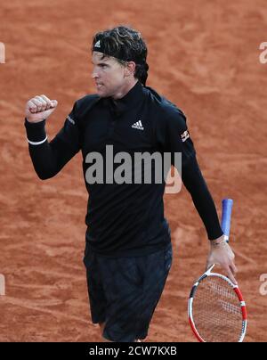 Paris, France. 28th Sep, 2020. Dominic Thiem of Austria reacts during the men's singles first round match against Marin Cilic of Croatia at French Open tennis tournament 2020 at Roland Garros in Paris, France, Sept. 28, 2020. Credit: Gao Jing/Xinhua/Alamy Live News Stock Photo
