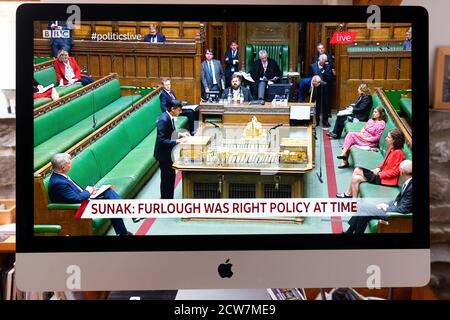 Rishi Sunak Chancellor of the Exchequer in the House of Commons delivering Winter Economy Plan on TV 24 September 2020 in London England UK Stock Photo