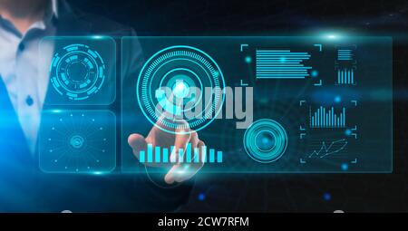 Unrecognizable man touching virtual panel with finger Stock Photo