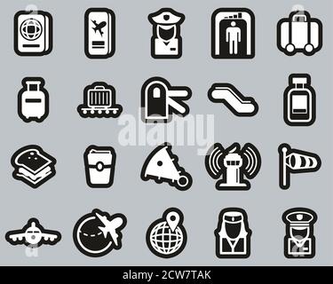 Airport Icons White On Black Sticker Set Big Stock Vector
