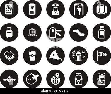 Airport Icons White On Black Flat Design Circle Set Big Stock Vector