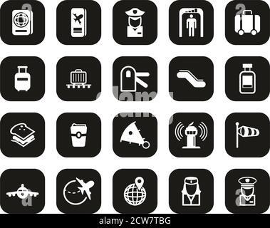 Airport Icons White On Black Flat Design Set Big Stock Vector