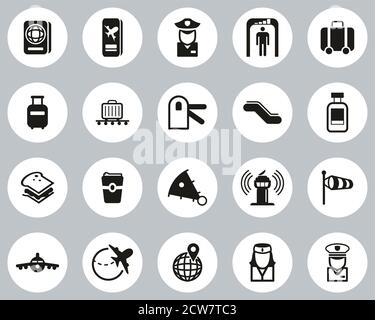 Airport Icons Black & White Flat Design Circle Set Big Stock Vector