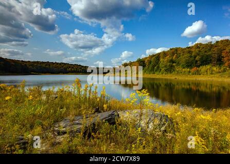 Lower Woods Pond is a 50-acre natural lake in northern Wayne County, Pennsylvania.  For years the outlet was dammed to increase the lake’s size to 91 Stock Photo