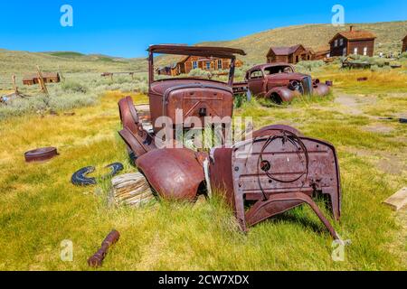 Rusty wreck of the vintage old car of the 1930s, in Bodie state historic park, Californian Ghost Town. The United States of America. Stock Photo