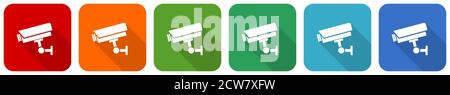 Cctv camera icon set, flat design vector illustration in 6 colors options for webdesign and mobile applications Stock Vector