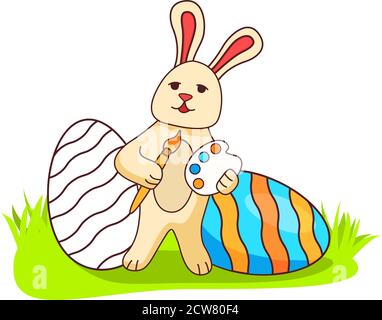 The rabbit with a brush and paints draws festive egg for Easter.The poster is festive spring. Stock Vector