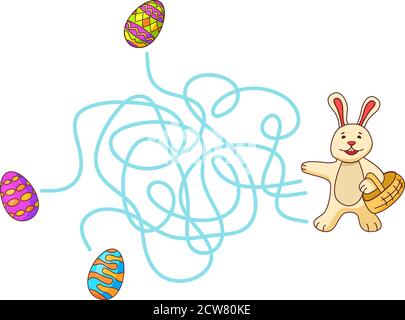 Maze game, education game for children.The easter rabbit search for eggs. Stock Vector