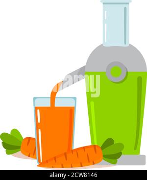 Electric juicer.Fresh carrot juice. A concept for vegeterianets. Healthy lifestyle. Kitchen household appliances. Stock Vector