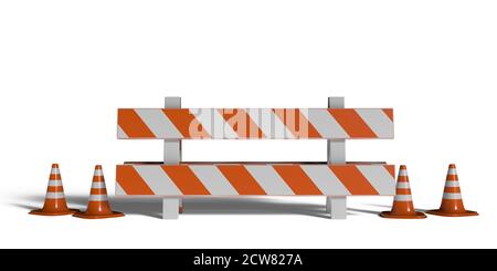 Street barrier and traffic cones isolated on white background. Construction safety, road work in progress. 3d illustration Stock Photo