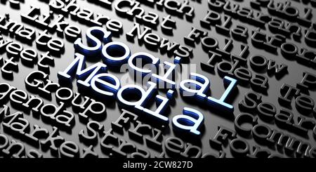 Social media word cloud, text blue and black keywords empbossed on black background. 3D illustration Stock Photo