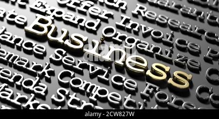 Business word cloud, text gold and silver keywords empbossed on black background. Golden business concept. 3D illustration Stock Photo