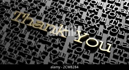 Thank you word cloud, text gold and black keywords empbossed on black background. 3D illustration Stock Photo