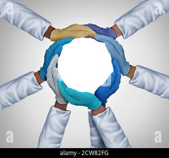 Hospital workers together with diverse medical staff as an essential worker group in unity as a social patient care partnership with hands united.