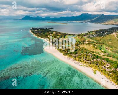 Mauritius island aerial view of Le Morne and tropical Beach on south west Stock Photo