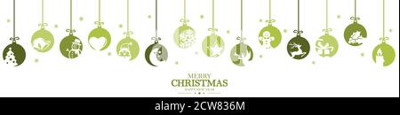 hanging baubles colored green with different abstract icons for christmas and winter time concepts and greetings for christmas and New Year Stock Vector