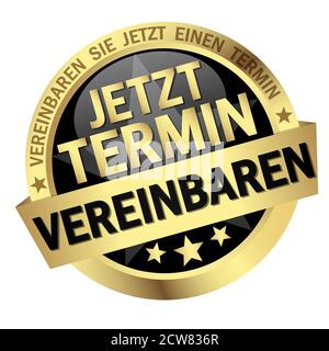 EPS 10 vector with round colored button with banner and text arrange meeting now (in german) Stock Vector