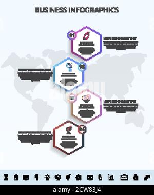 Infographics hexagon with four circles, labels. Vector template used for diagram, business, web, banner, workflow layout, flowchart, info graph, timel Stock Vector