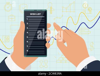 Businessman hands hold smartphone with wish list app on display screen for successful profitable business amid growing sales graph and icons. Vector wishlist mobile phone application illustration Stock Vector