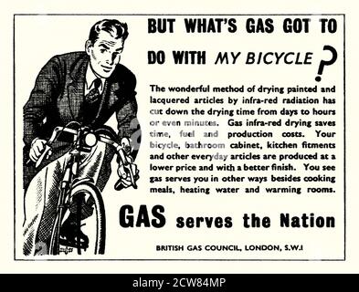 An advert promoting gas power issued by the British Gas Council – it appeared in a magazine published in the UK in 1946. The advert makes a connection between a man riding a bicycle and using gas in bike manufacturing. It points out that, by using infra-red gas heating to dry paint in the manufacturing process, costs are saved in the drying time and production. An infrared heater or heat lamp is transfers energy through electromagnetic radiation. They can be used for domestic heating but are considered to not be energy effiecient – vintage 1940s graphics. Stock Photo