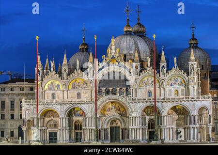 The famous St Mark's Basilica in Venice at night Stock Photo