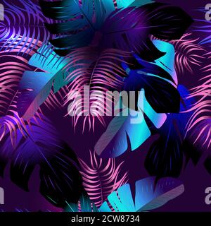 Neon tropical seamless pattern with palm leaves. Stock Vector