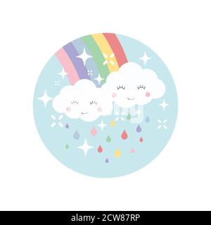 Clouds and rainbow colorful cartoon design. Rainbow, happy cute cloud and rain drops illustration template for t-shirt, print, sticker. Stock Vector