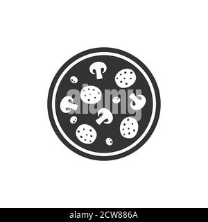 Round pizza simple vector icon. Black pizza symbol with salami, olives and mushrooms. Stock Vector