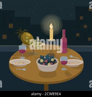 A vector illustration about romantic evening on the roof. Stock Vector