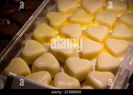 Las Vegas, US - 2020 :various chocolate pralines. shallow depth of field. Captured in Ethel M Chocolate Factory. Sweet, Happy, Fat, Holiday, valentine Stock Photo