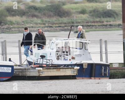 Queenborough, Kent, UK. 28th September, 2020. Paul O'Grady was spotted in Queenborough Harbour this afternoon, after returning from a journey out to sea on the X-Pilot tug filming a feature on the Red & Shivering Sands Forts out in the Thames Estuary for ITV. Credit: James Bell/Alamy Live News Stock Photo