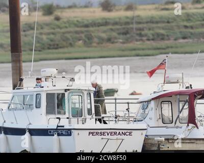 Queenborough, Kent, UK. 28th September, 2020. Paul O'Grady was spotted in Queenborough Harbour this afternoon, after returning from a journey out to sea on the X-Pilot tug filming a feature on the Red & Shivering Sands Forts out in the Thames Estuary for ITV. Credit: James Bell/Alamy Live News Stock Photo