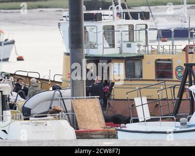 Queenborough, Kent, UK. 28th September, 2020. Paul O'Grady was spotted in Queenborough Harbour this afternoon, after returning from a journey out to sea on the X-Pilot tug filming a feature on the Red & Shivering Sands Forts out in the Thames Estuary. Credit: James Bell/Alamy Live News Stock Photo