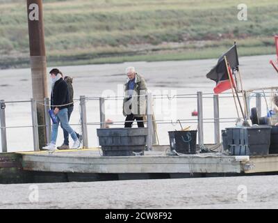 Queenborough, Kent, UK. 28th September, 2020. Paul O'Grady was spotted in Queenborough Harbour this afternoon, after returning from a journey out to sea on the X-Pilot tug filming a feature on the Red & Shivering Sands Forts out in the Thames Estuary for ITV. Credit: James Bell/Alamy Live News Stock Photo