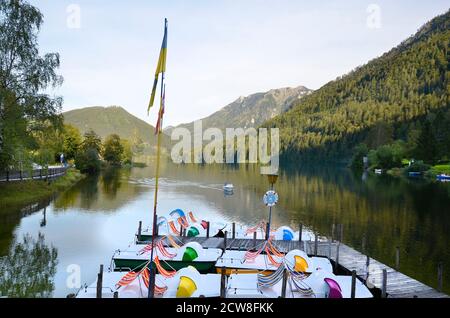Austria, Lunz am See, pedal boats boats for rent on the Lunzer See, an idyllic lake in the Eisenwurzen mountains Stock Photo