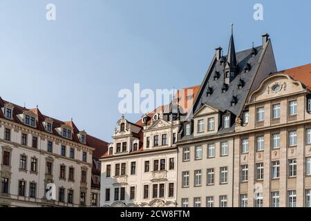 Leipzig, Saxony / Germany - 12 September 2020: historic buildings in the city center of Peipzig under a ble sky Stock Photo