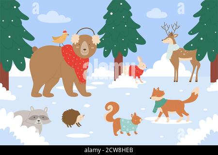 Animals in winter forest vector illustration. Cartoon flat cute animalistic group of characters wearing scarf or sweater, standing together in wild snow nature woods landscape wintertime background Stock Vector