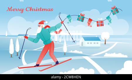 Merry Christmas vector illustration. Cartoon flat active Santa Claus character in sport wear tracksuit skiing in snowy winter landscape, holding Christmas presents and Xmas socks with gifts background Stock Vector