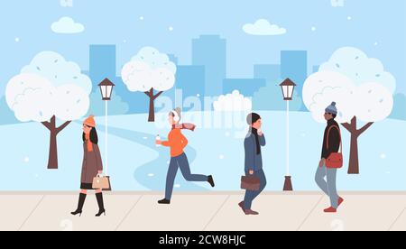 People on winter city street vector illustration. Cartoon flat snowy cityscape with modern skyscrapers, walking or running man woman characters wearing winter clothes, snow on street road background Stock Vector