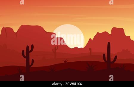 Mexican, Texas or Arisona desert nature landscape vector illustration. Cartoon flat dry desert scenery with mountain rocks dunes, cactuses, wild hot natural west prairie scene, wilderness Stock Vector